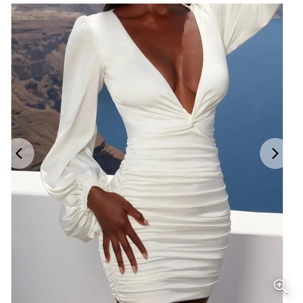 Oh Polly Satin Ivory Plunge Ruched Long Bubble Sleeve Dress